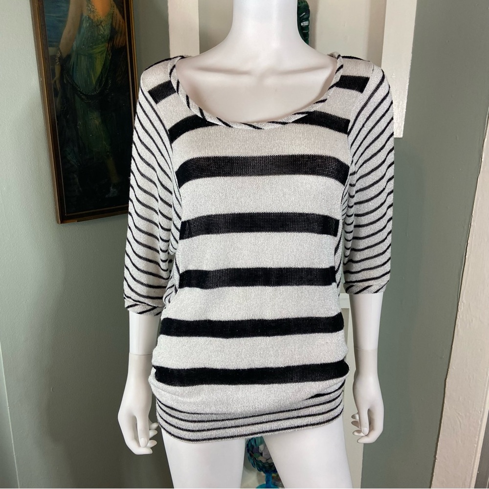 3/$12 Vanity Metallic Silver Striped Black Long Knit Sweater Medium M Top Blouse